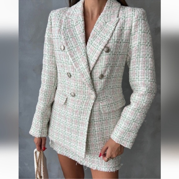 Zara Tweed Double Breasted Texture Blazer Jacket - Picture 2 of 13